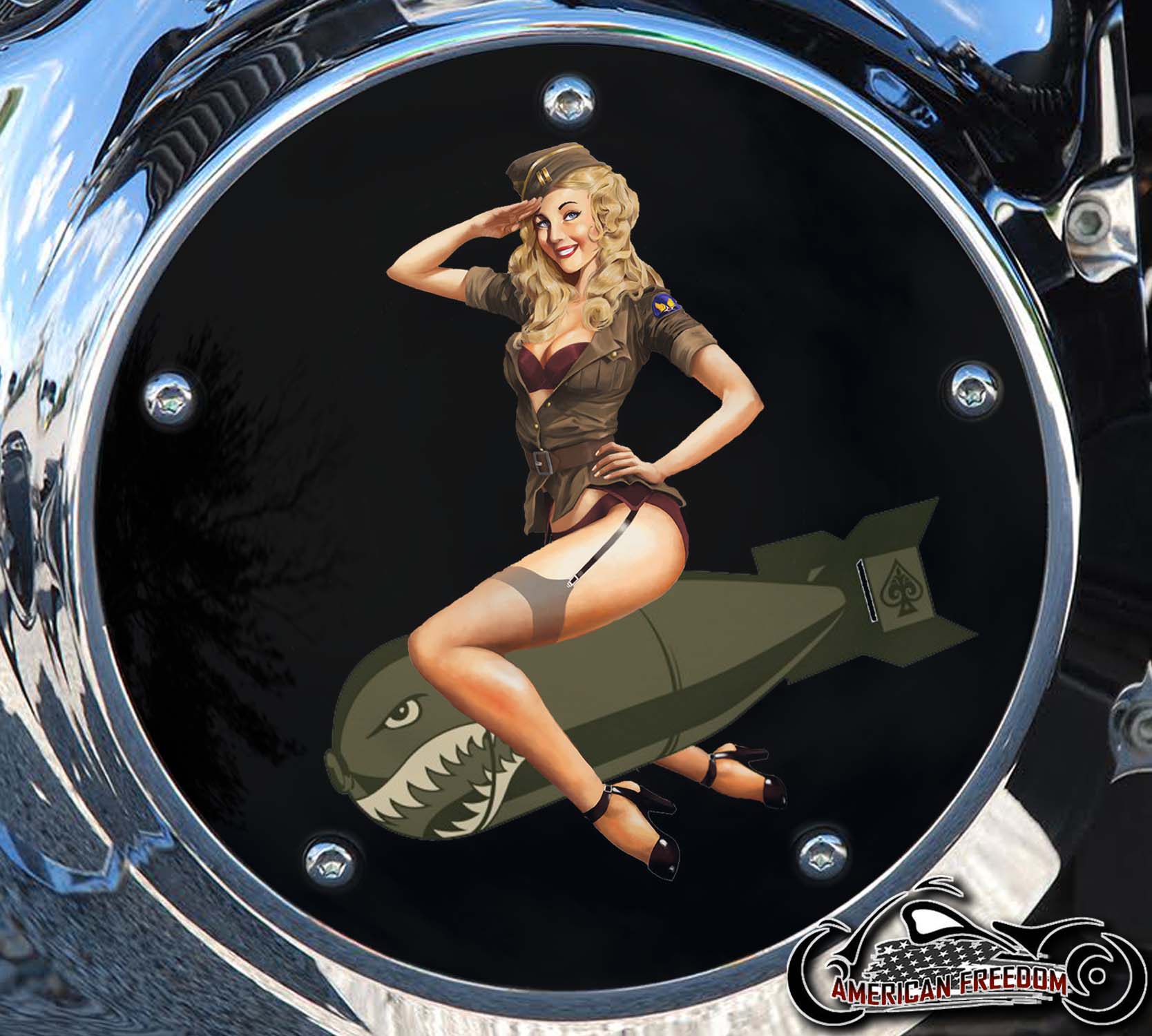 Custom Derby Cover - Pin Up Blond Bomber Girl On Bomb